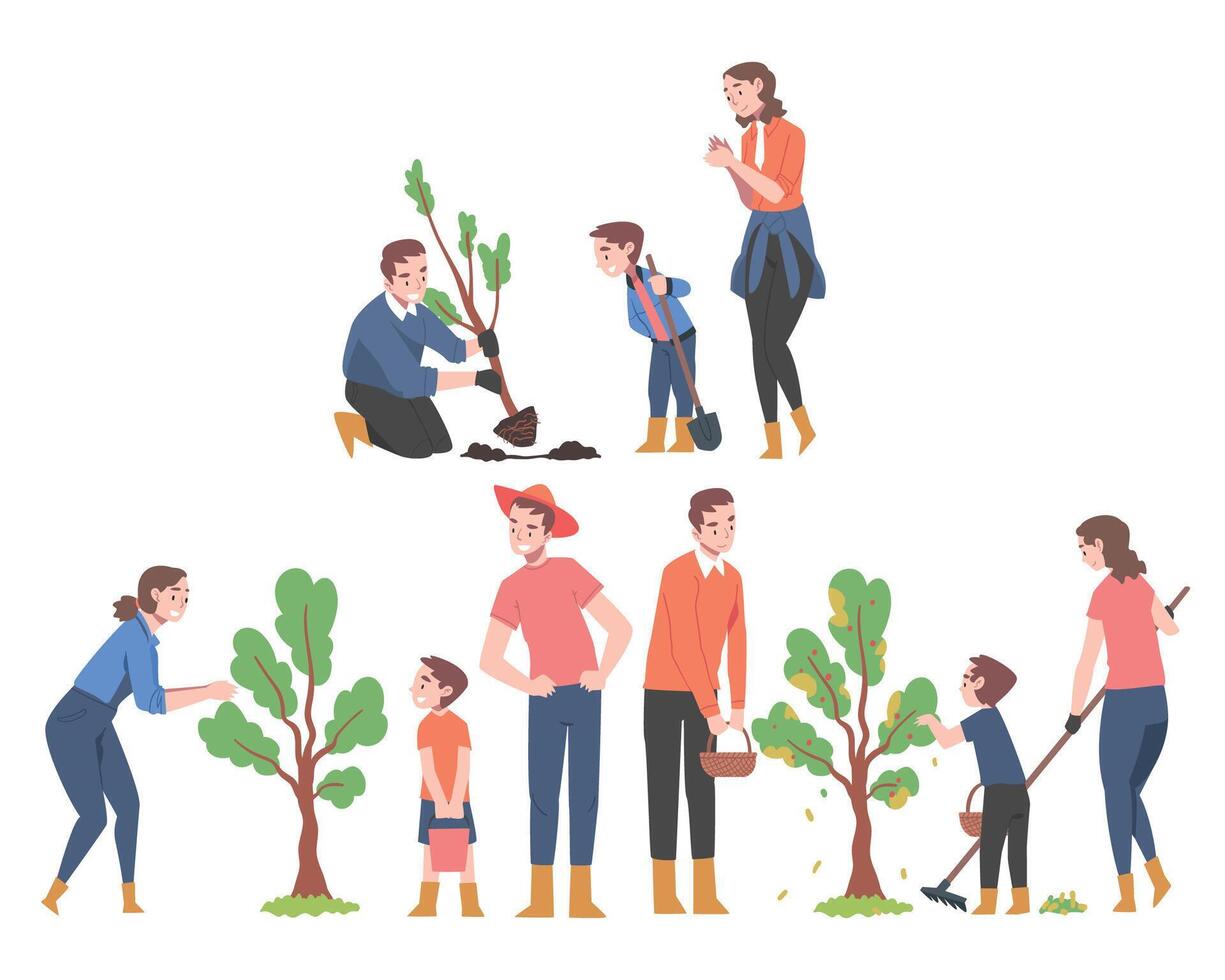 Family gardening and tree planting vector