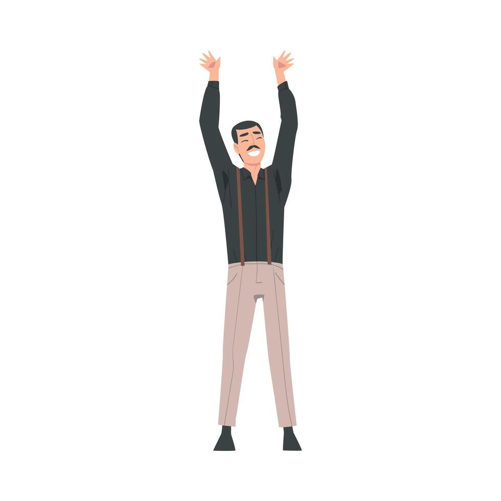 Young Moustached Man Standing with Raising Hands Celebrating Success Illustration vector