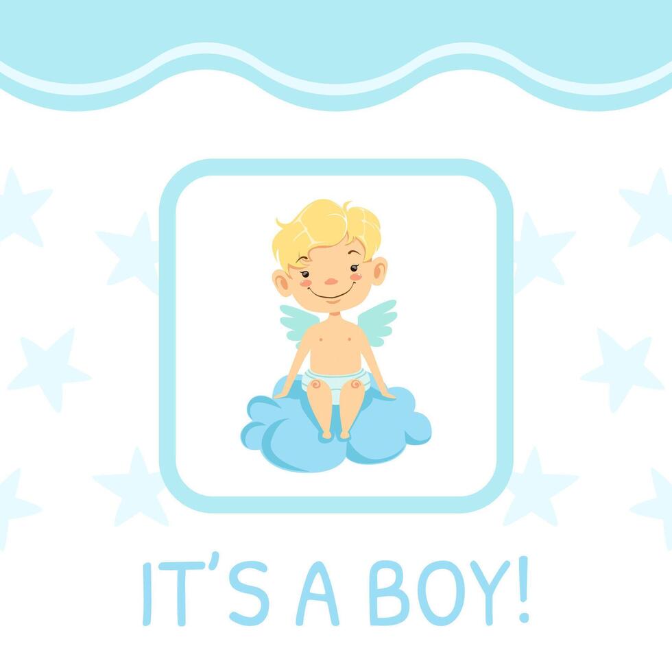 It is a Boy Cute Baby Card Template with Adorble Boy Angel, Invitation, Greeting Card Design Cartoon Illustration vector