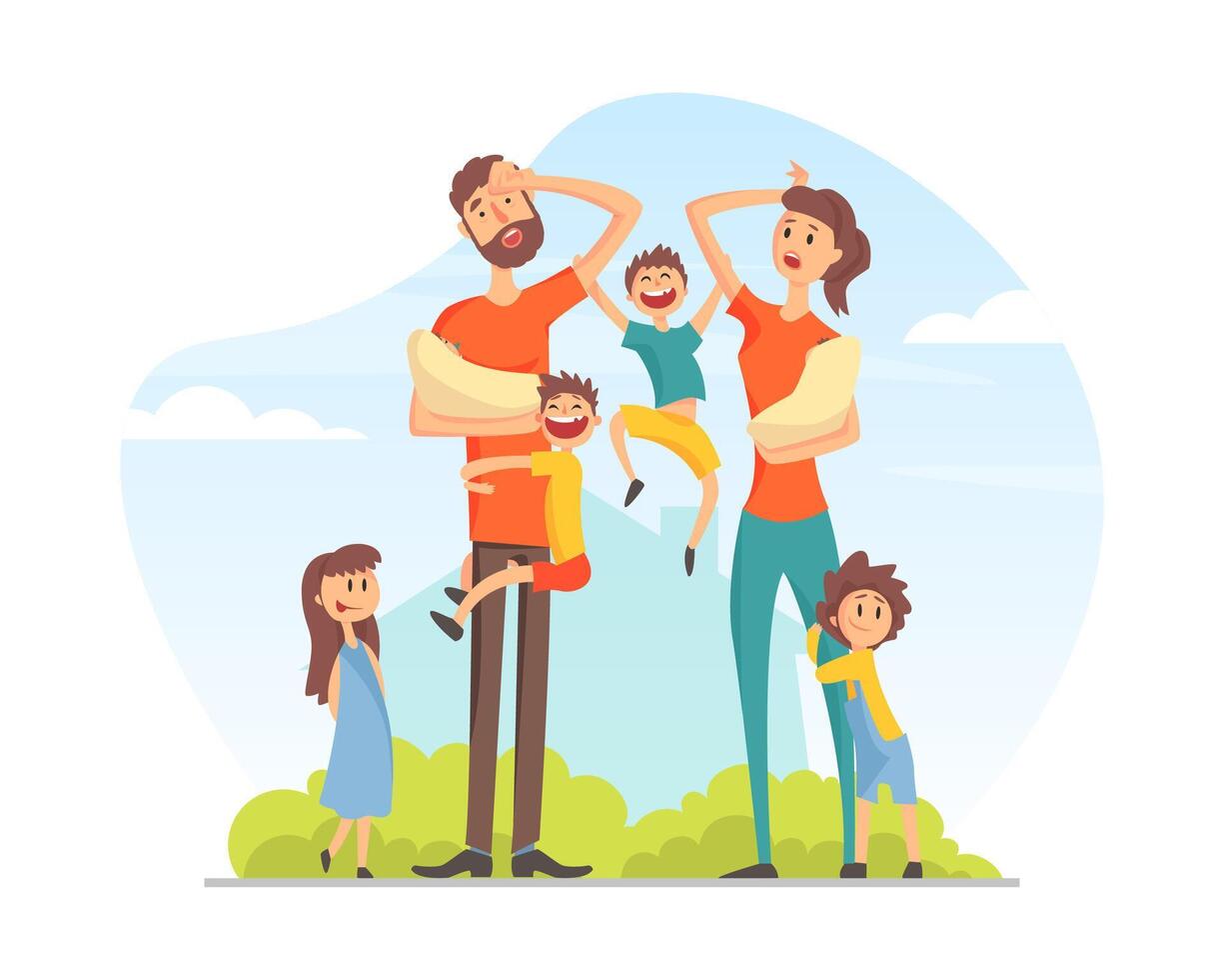 Large Family with Many Children, Tired Parents with Naughty Kids Cartoon Illustration vector