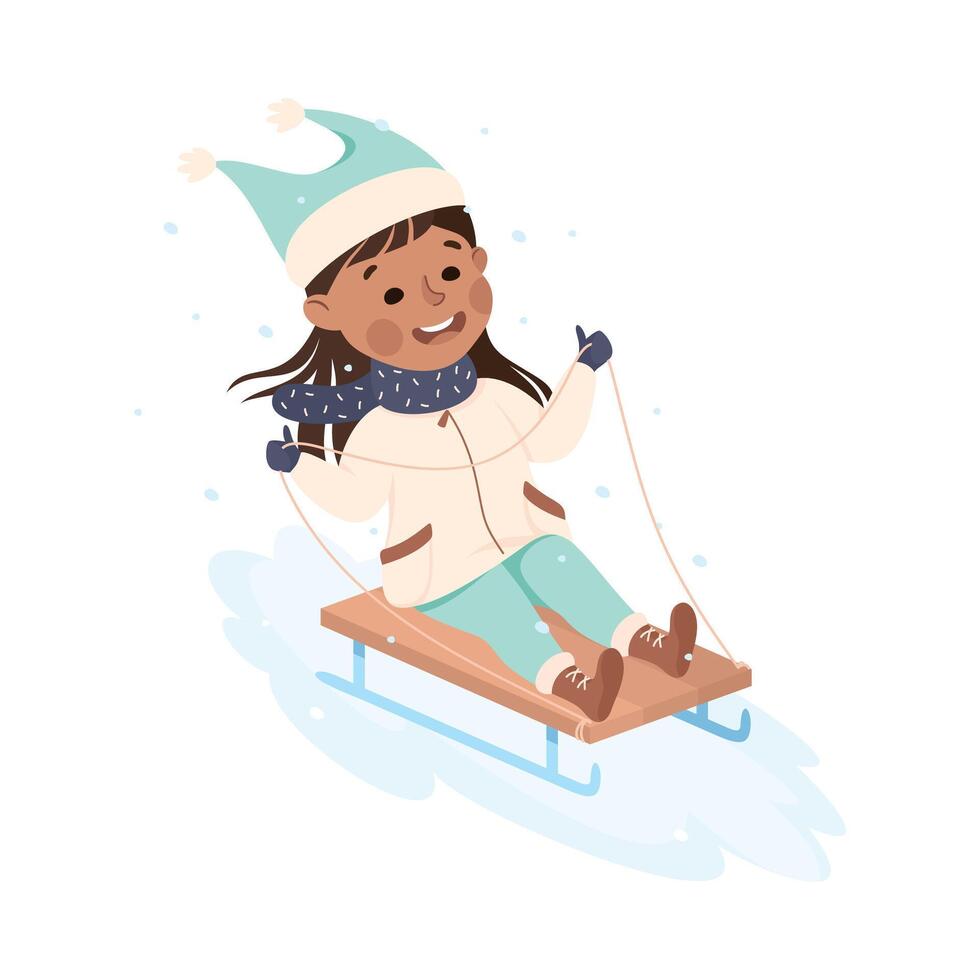 Excited Girl in Warm Clothing Sledging or Sledding Downhill Illustration vector