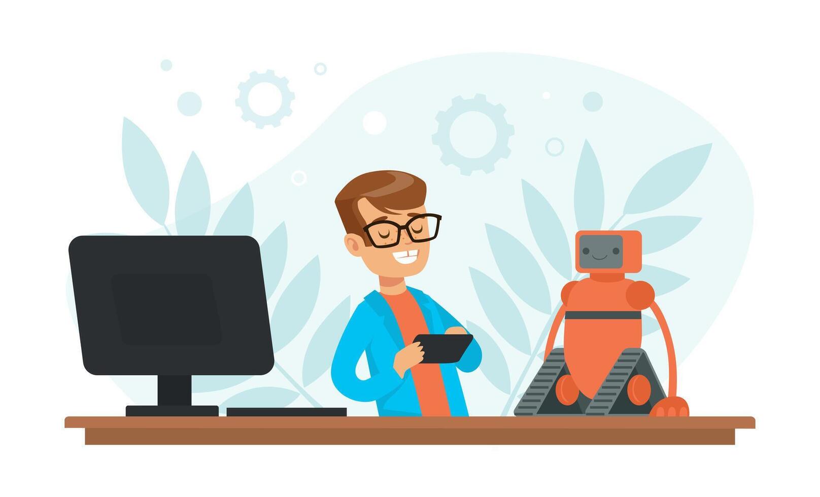 Cheerful Boy Programming Smart Robot at Lesson, Electronics Education, High Tech Engineering Cartoon Style Illustration vector