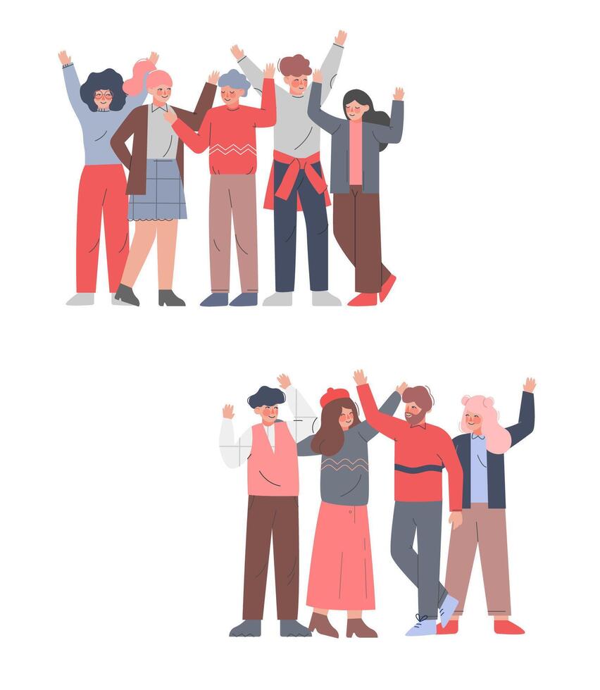 People with Raised Hands Set, Team of Young Girls and Guys Standing Hands Up, Friendship, Solidarity, Volunteering, Voting Cartoon Style Illustration vector