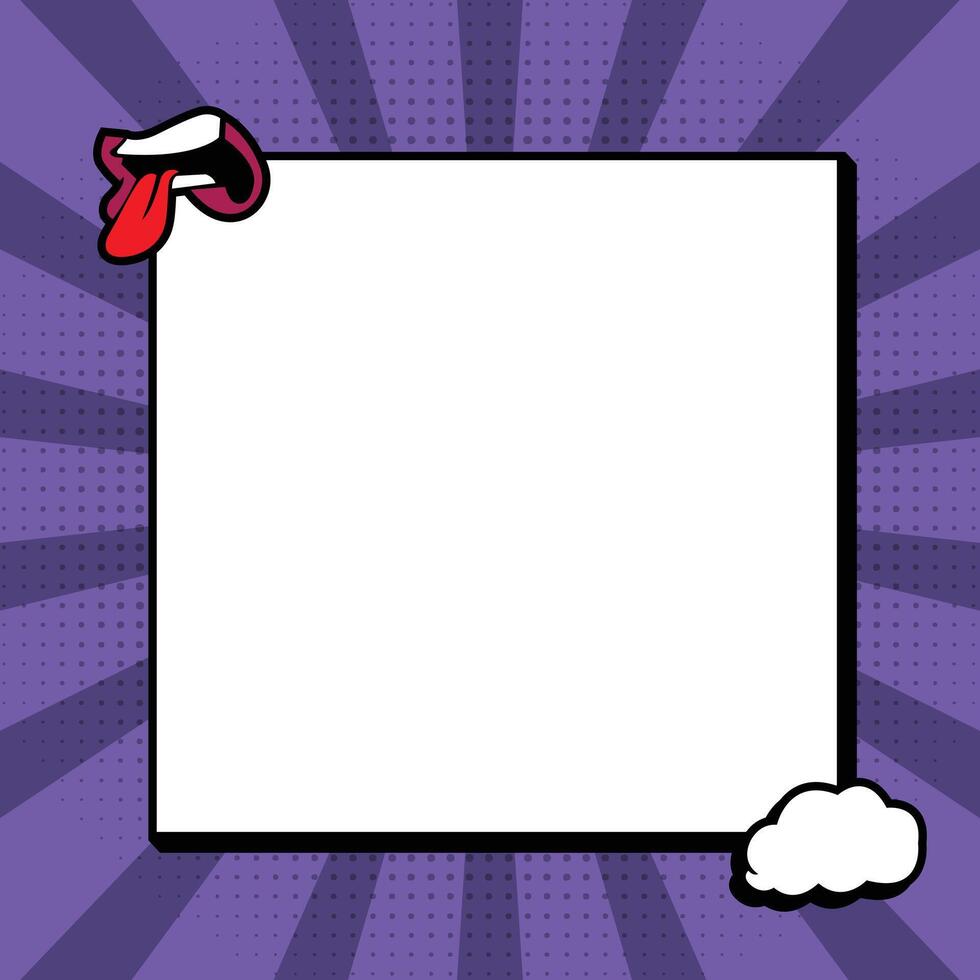 Pop Art Comic Frame Background with Tongue Illustration and Purple Rays vector