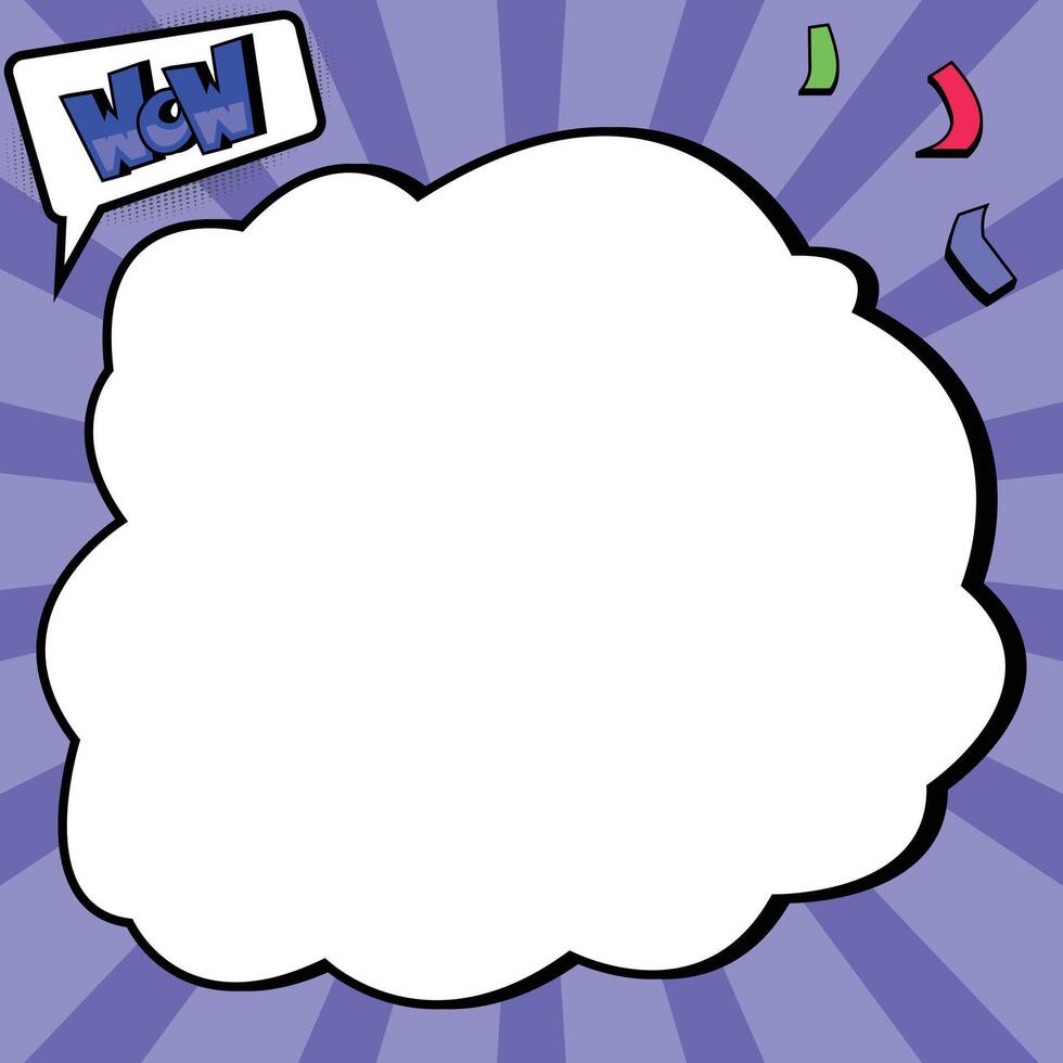 Pop Art Speech Bubble with WOW Effect and Confetti on Purple Rays vector