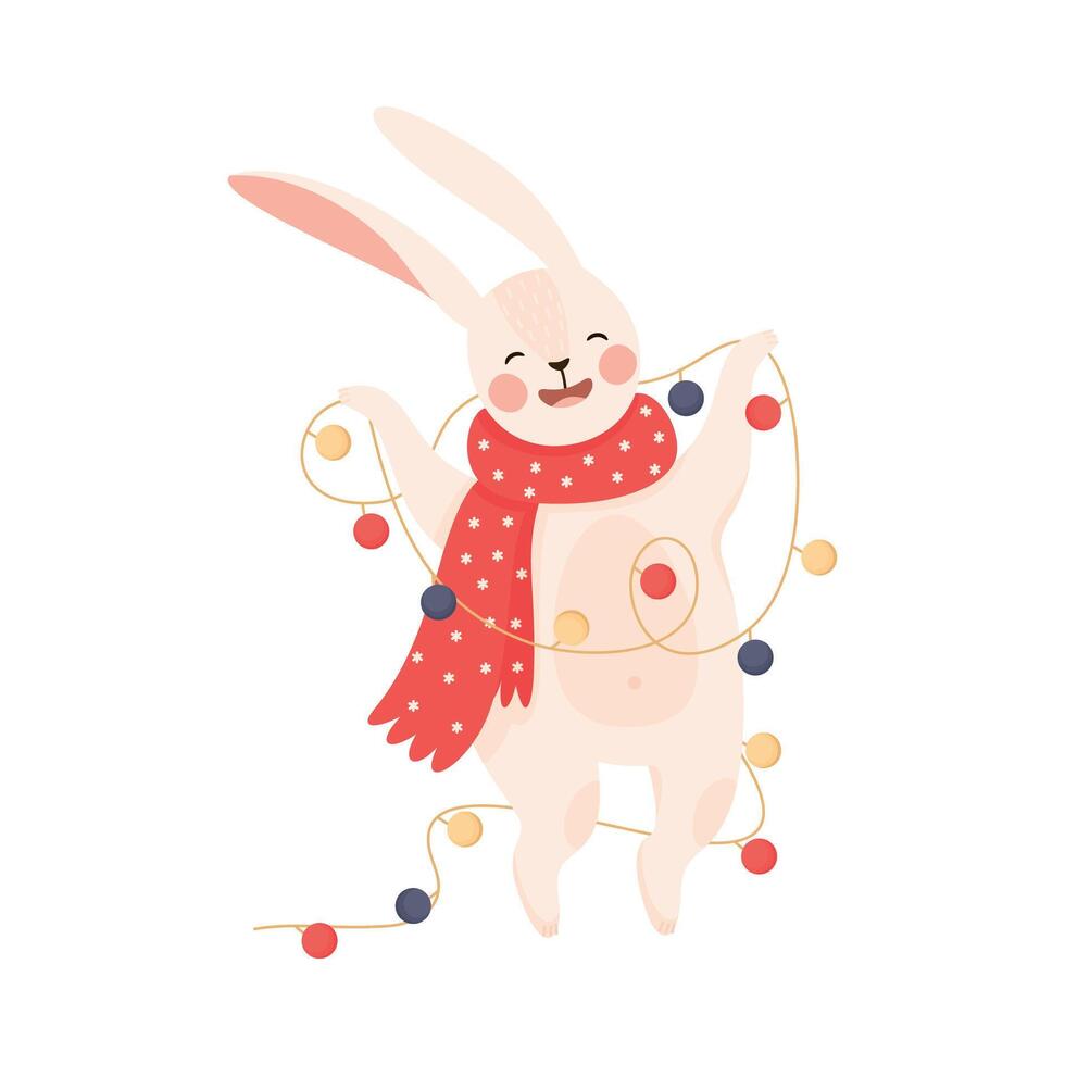 Smiling Hare as New Year Character with Long Ears in Warm Scarf Holding Garland or Christmas-tree Set Illustration vector