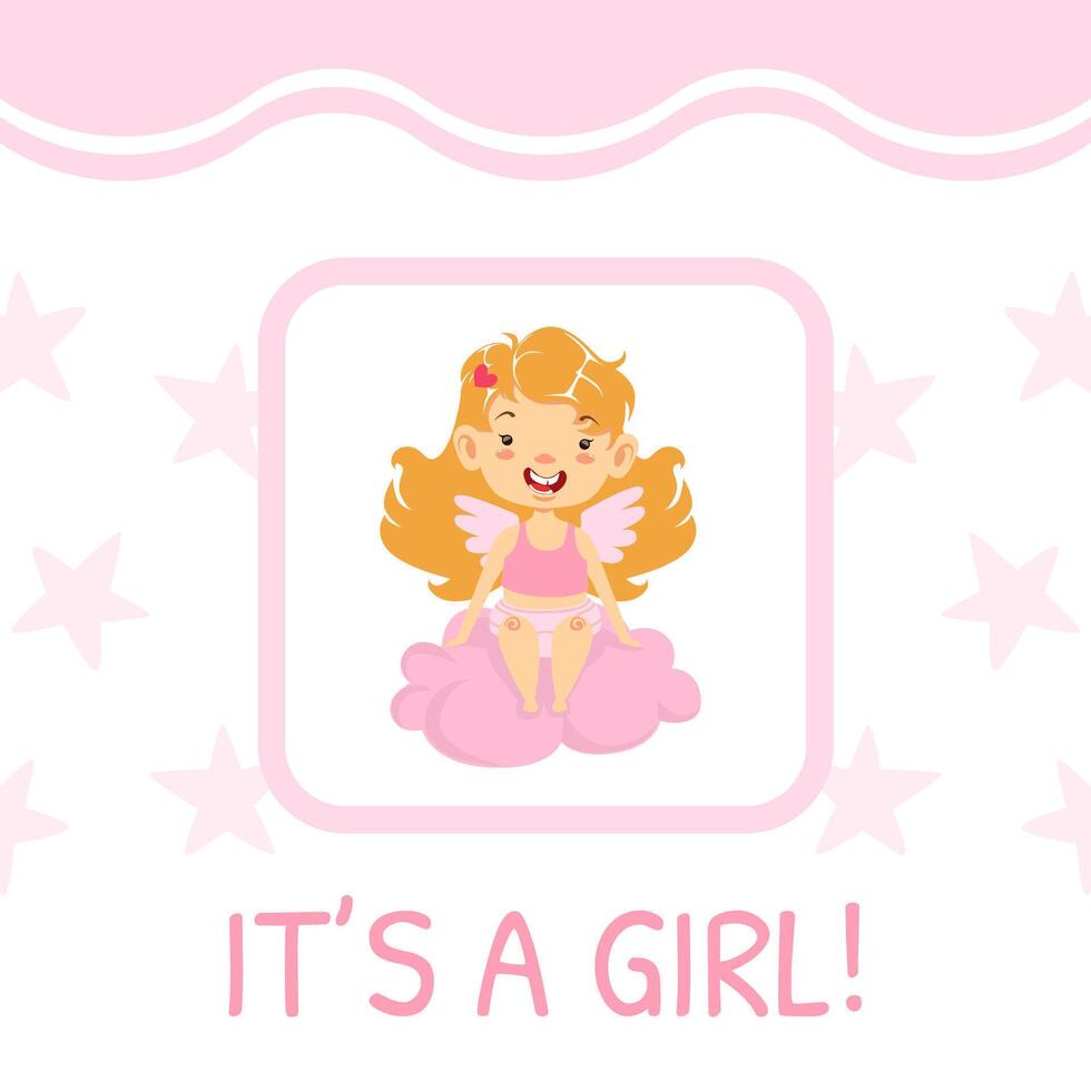 It is a Girl Cute Baby Card Template with Adorble Girl Angel, Invitation, Greeting Card Design Cartoon Illustration vector