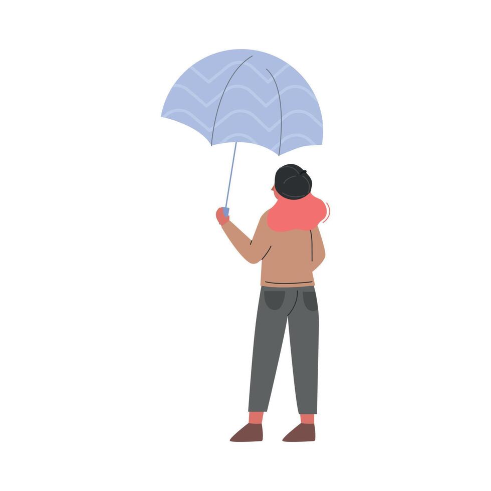Standing Under Umbrella Female Character in Rainy Day Illustration vector