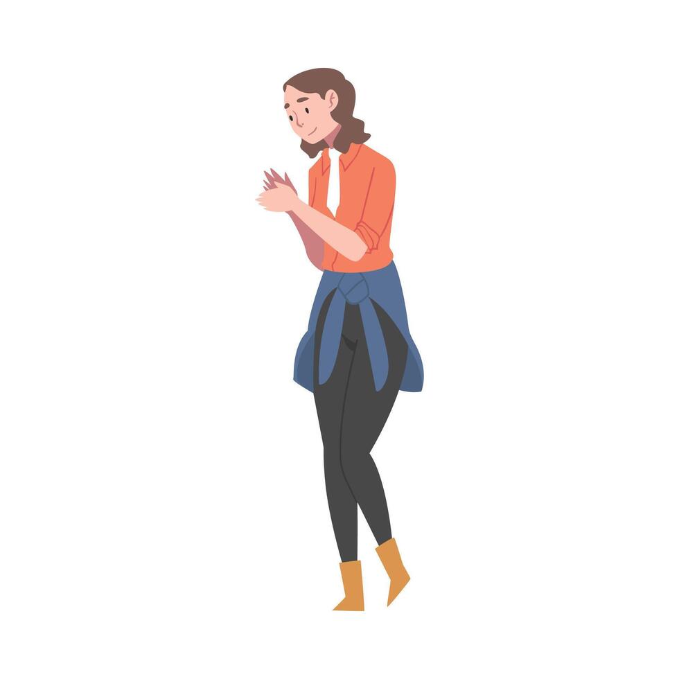 Satisfied Female Farmer in Yellow Rubber Boots in Standing Pose Illustration vector