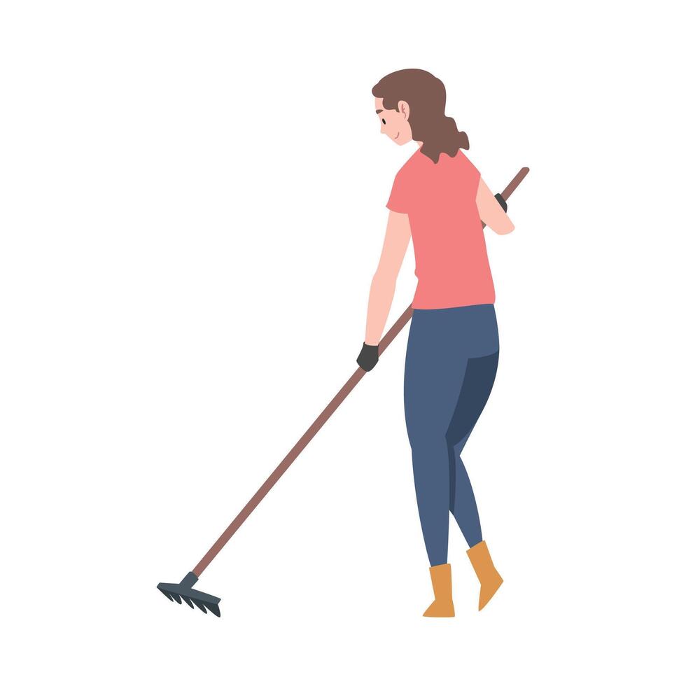 Young Female with Rake Gathering Foliage in the Garden Illustration vector