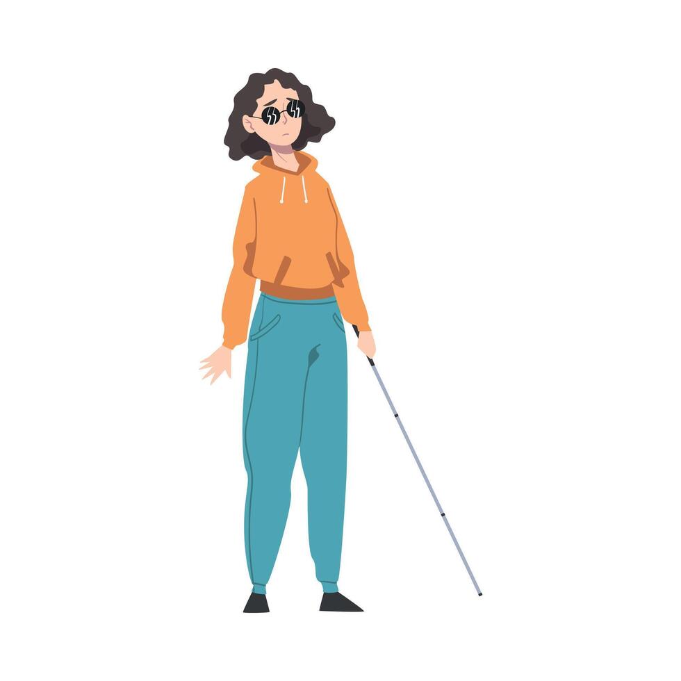 Handicapped Weak Sighted Woman with White Cane Feeling Sad Illustration vector
