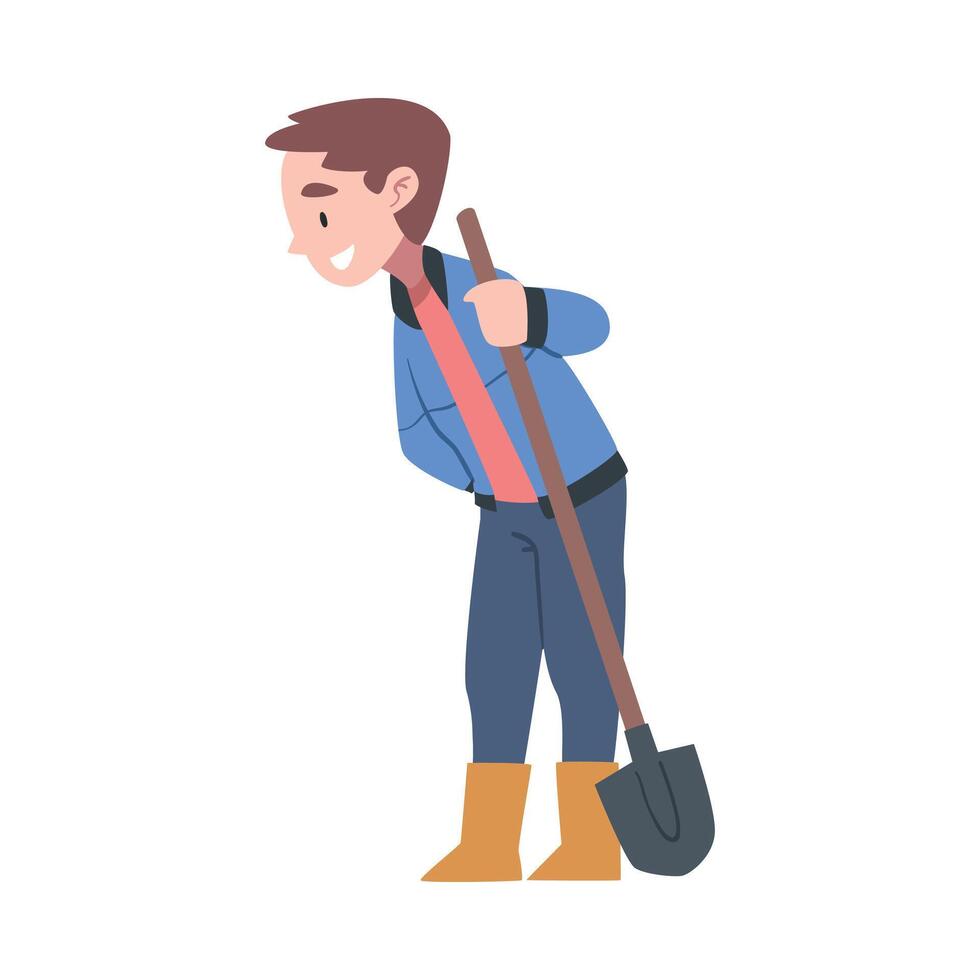 Little Boy in Rubber Boots Standing with Shovel Illustration vector