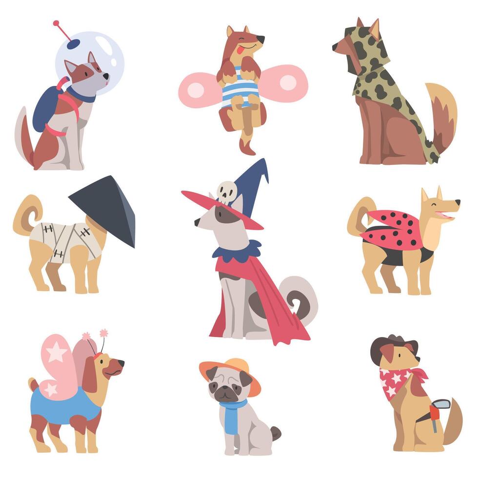 Cartoon dogs in funny costumes vector