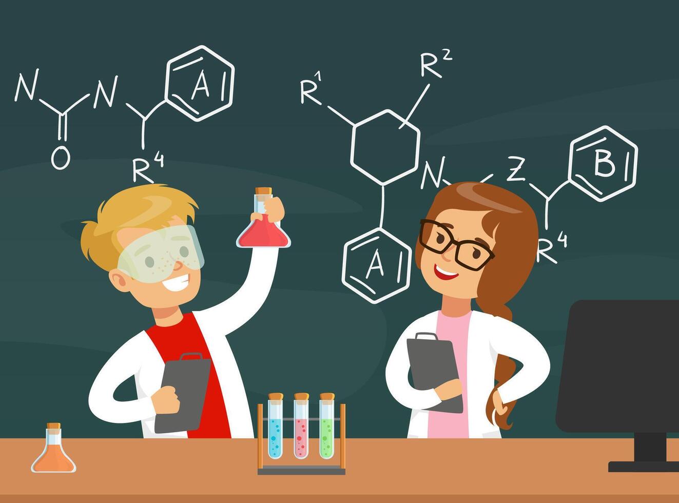 Kids conducting science experiments in lab vector