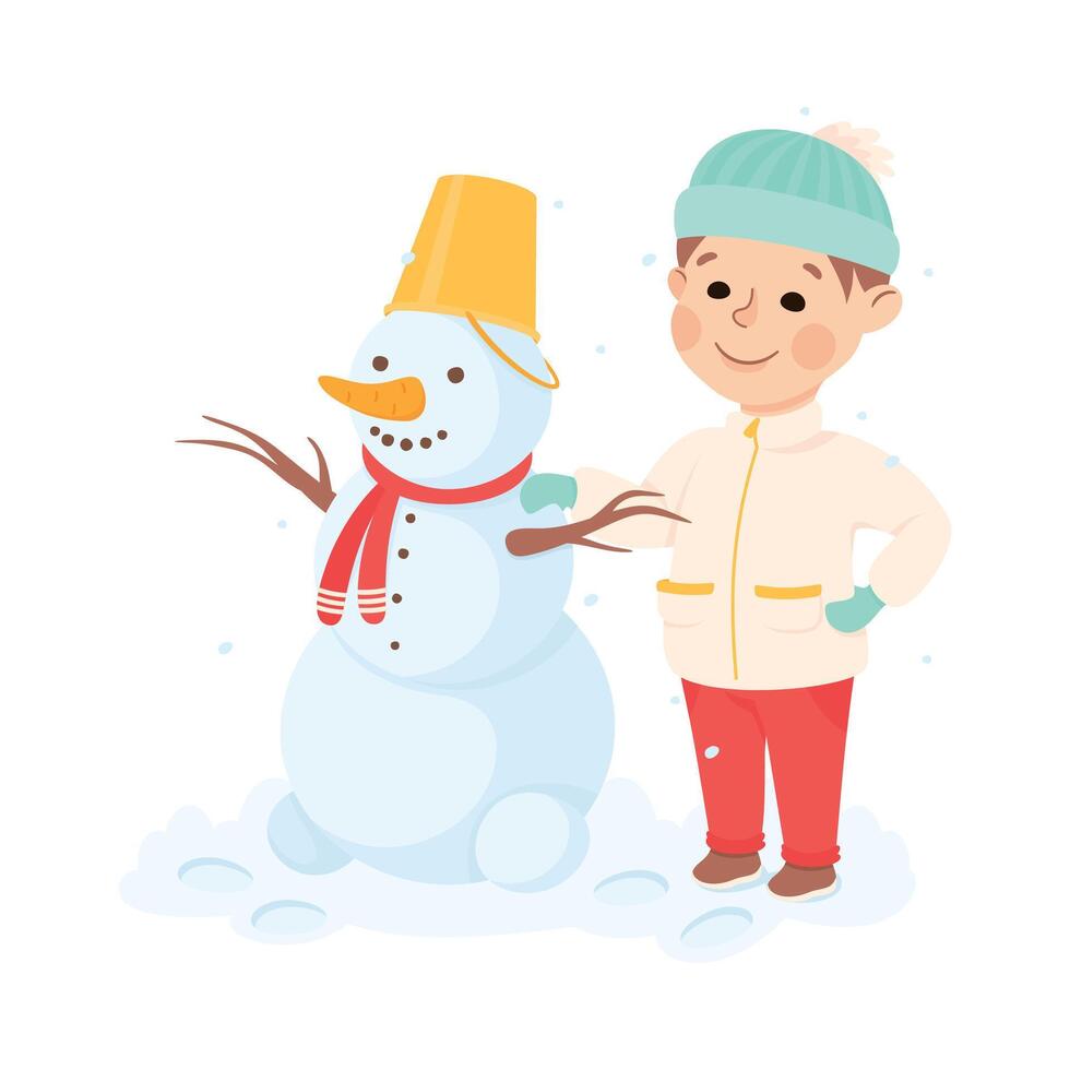 Child with a snowman in winter vector