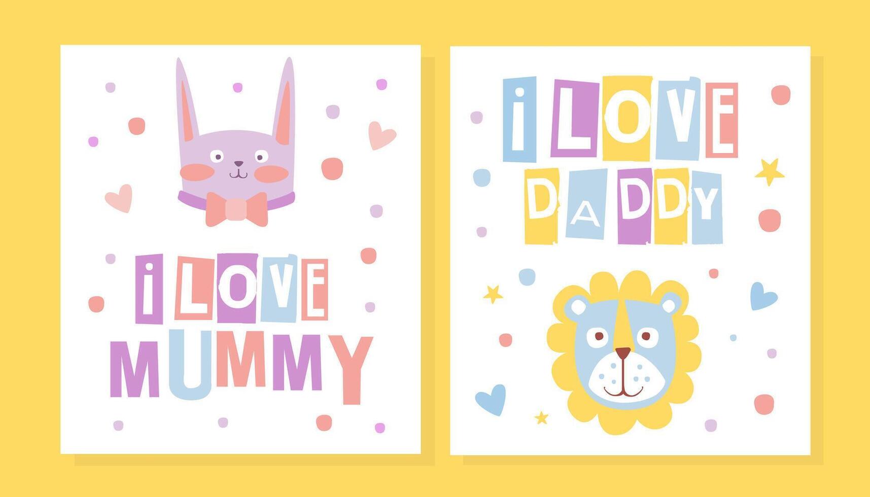 I Love Mummy, I Love Daddy Card Template, Cute Greeting Card in Pastel Colors with Adorable Animals Cartoon Illustration vector