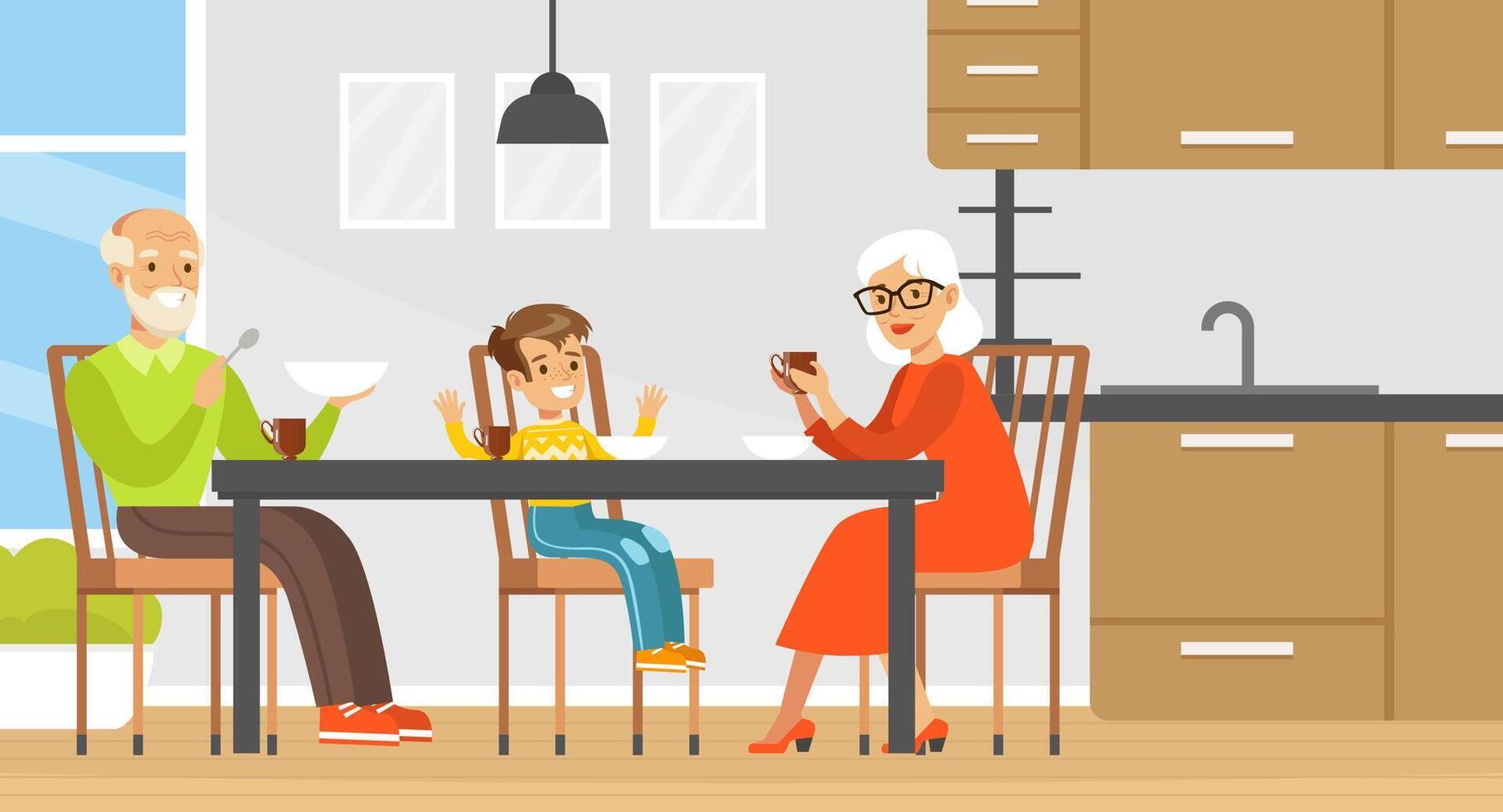 Grandma, Grandpa and Grandson Eating, Drinking Tea and Talking to Each Other, Family Sitting at Dining Table Cartoon Illustration vector