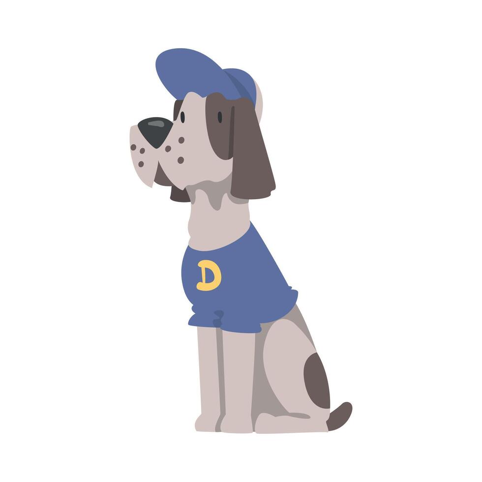 Cute Dog in Blue Cap and T-shirt, Funny Pet Animal Character Dressed in Costume for Masquerade, Carnival, Party, Holiday Celebration Cartoon Style Illustration vector
