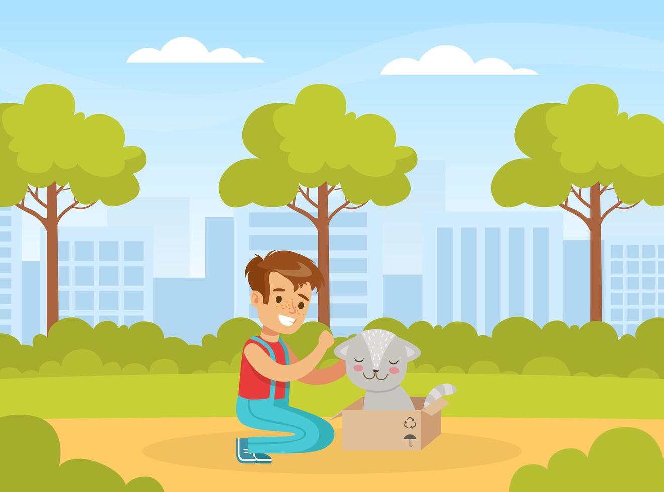 Happy Boy with Cute Cat in Box, Child Walking in Park Cartoon Illustration vector