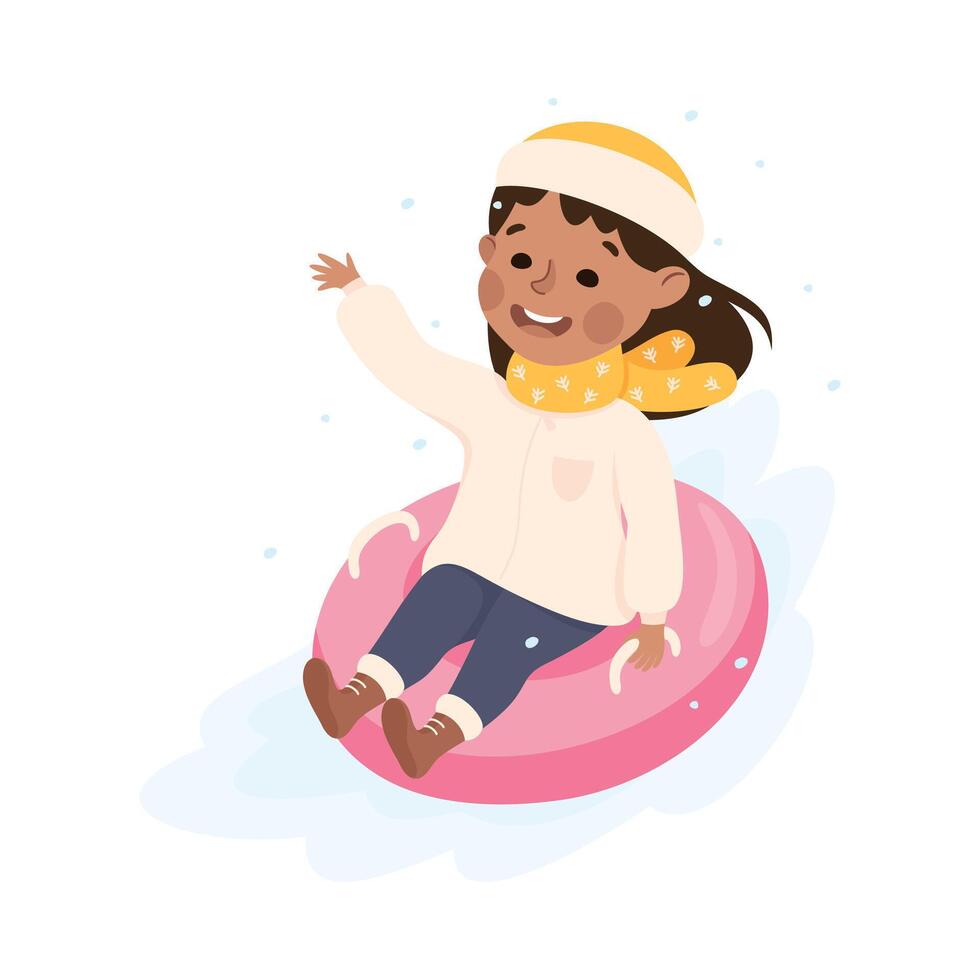 Cheerful Girl Wearing Warm Scarf and Hat Snow Tubing Downhill Illustration vector