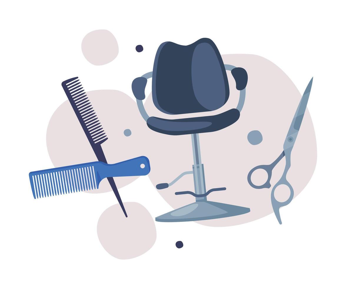 Hairdresser Tools Set, Barber Supplies for Styling Professional Haircut, Scissors, Comb, Barber Chair Cartoon Illustration. vector