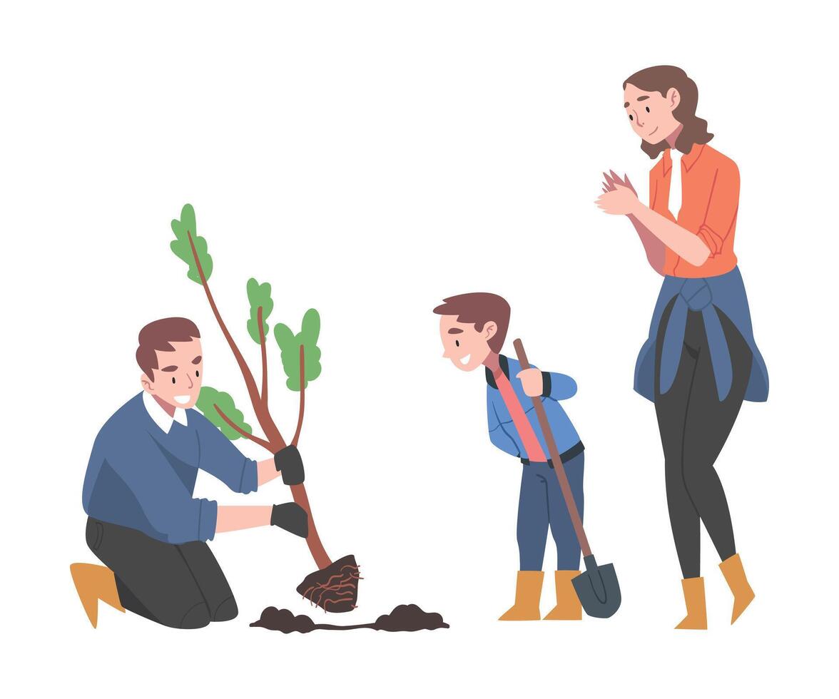 Young Family with Kid Planting Tree Sapling in Soil Illustration vector