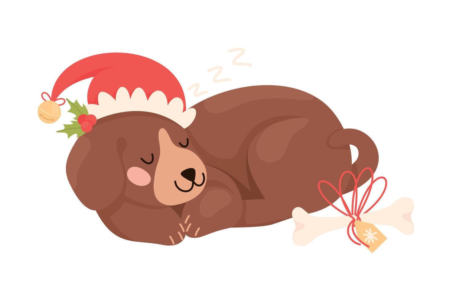 Cute Dog Pet in Red Hat Curled up and Sleeping with Gift Bone Rested Nearby Illustration vector