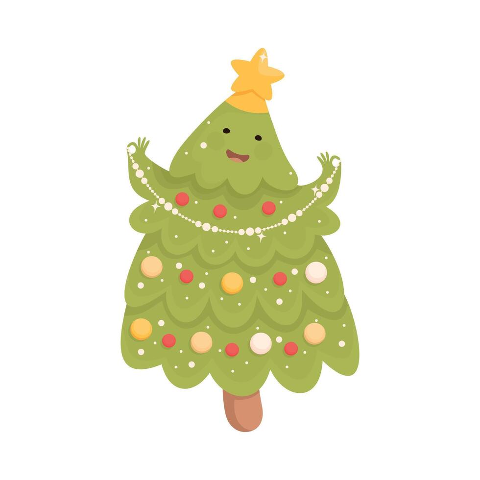 Humanized Decorated Christmas Tree with Hanging Bauble and Garland Illustration vector