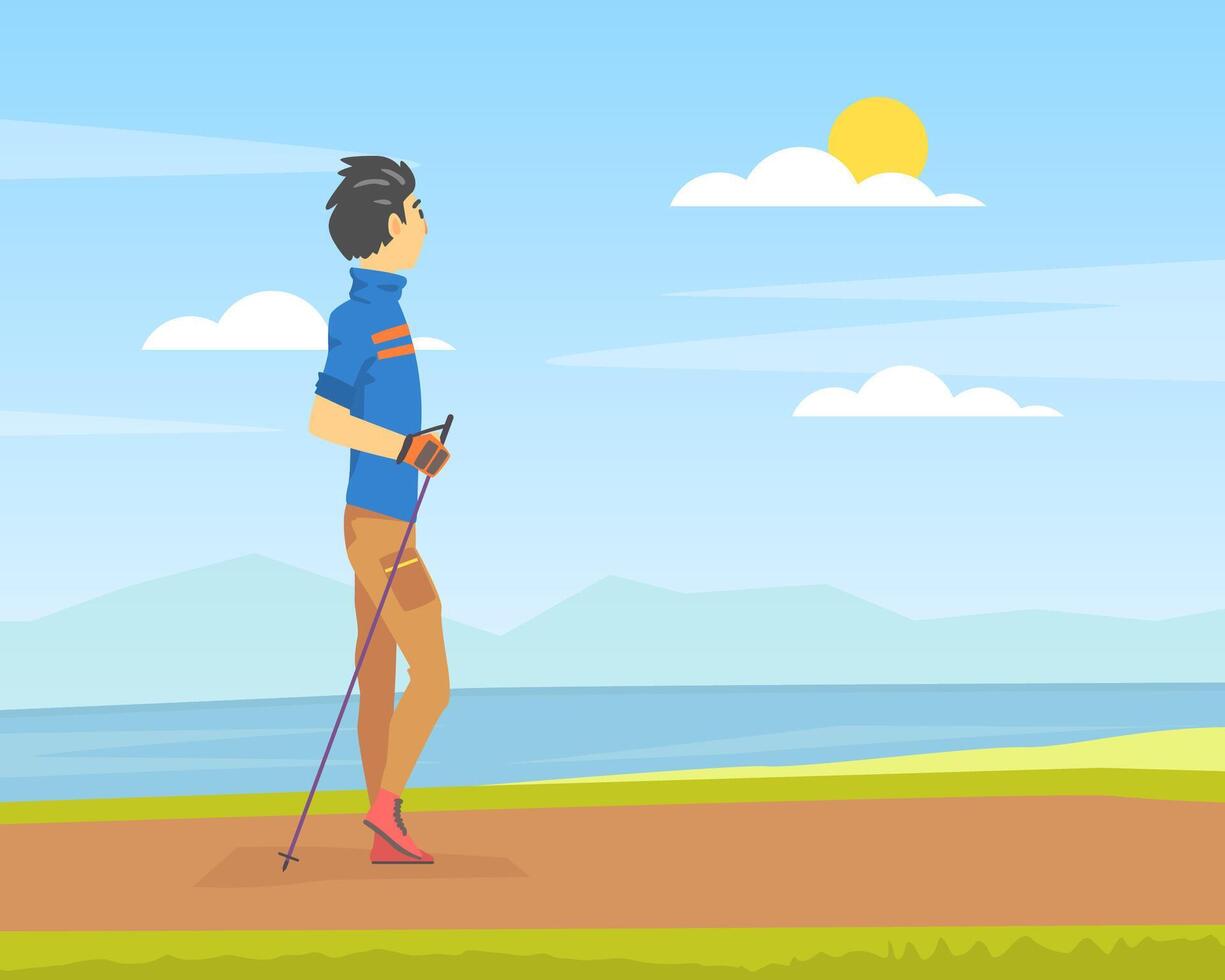 Young Man Performing Nordic Walkingon Beach, People in Sports Outfit Enjoying Walking in Open Air Cartoon Illustration vector