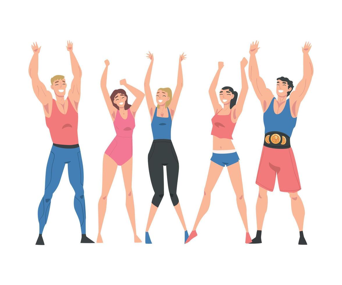 Group of Athletic People Characters in Sportswear Standing Together with Raising Hands Illustration vector