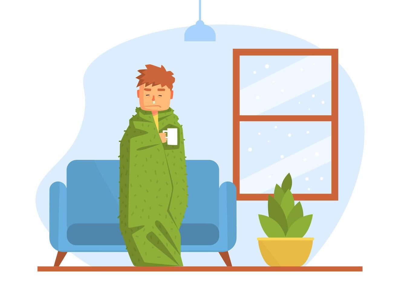 Sick Boy Suffering from Seasonal Infection, Male Person with Running Nose Wrapped to Warm Plaid Having Cold, Flu Cartoon Illustration vector