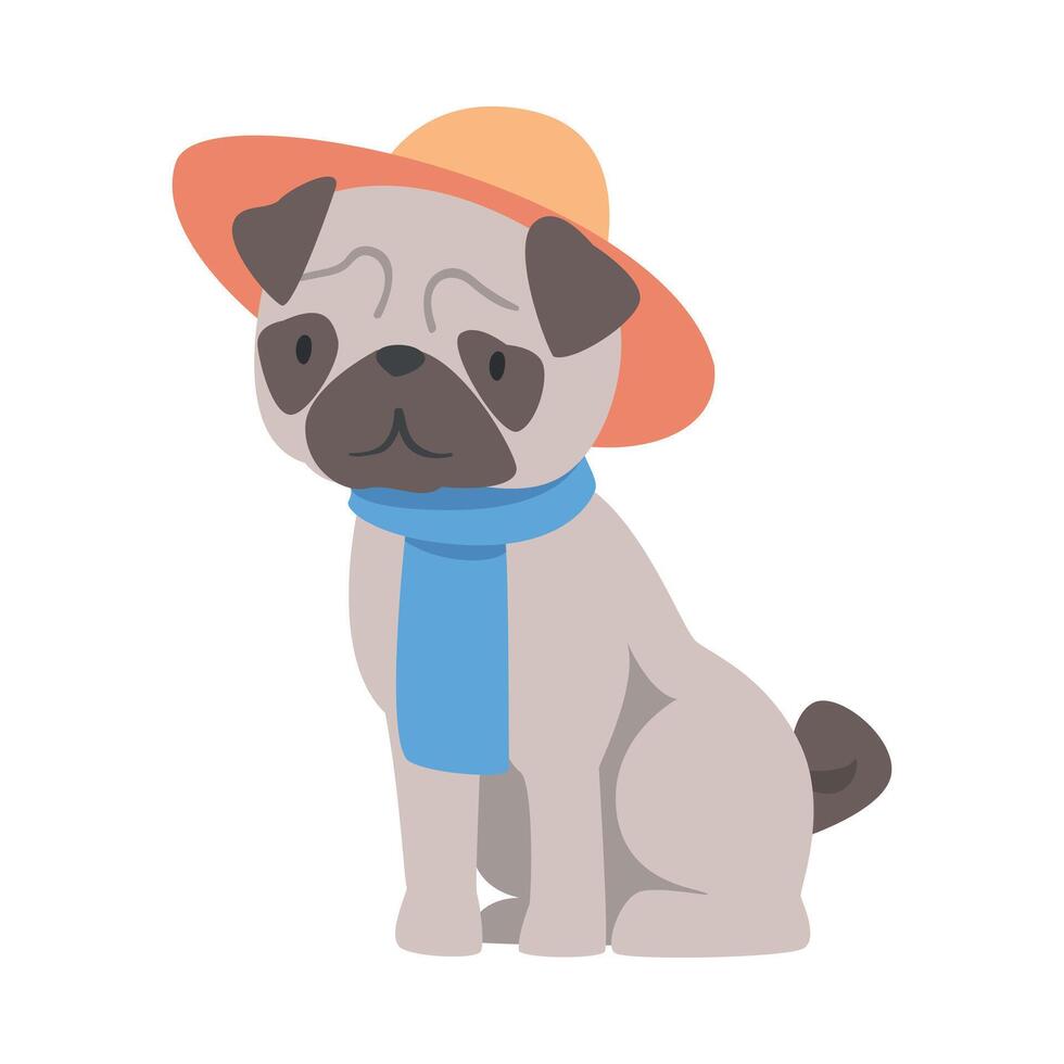 Cute Pug Dog Dressed in Scarf and Hat, Funny Pet Animal Character Cartoon Style Illustration vector