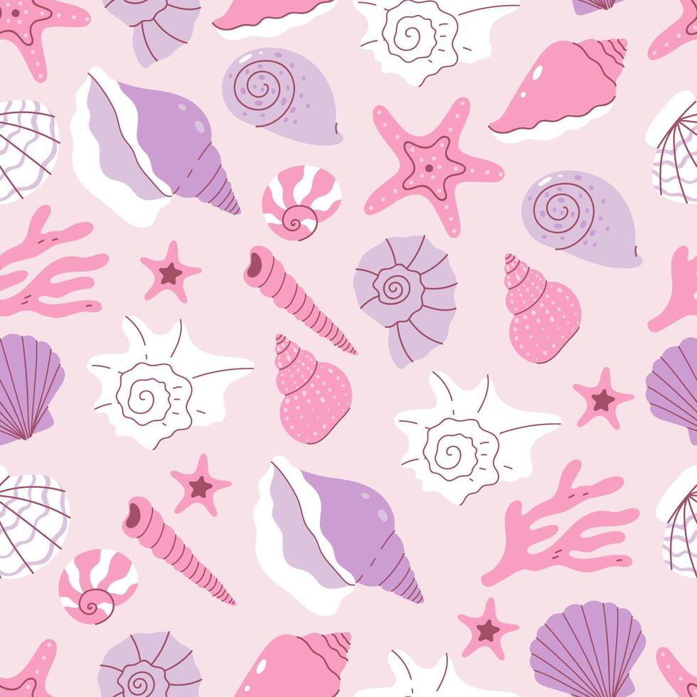 Seamless pattern with seashells in soft pink and soft purple colors. graphics. vector