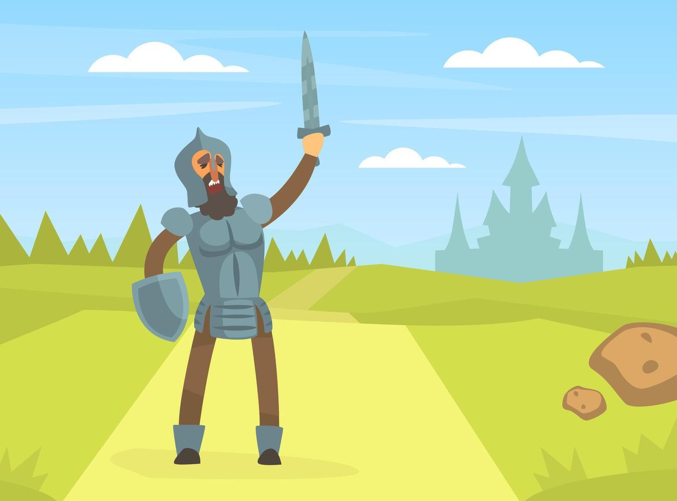 Medieval Knight Warrior in Full Armour Standing on Nature Landscape with Rised Sword Cartoon Illustration vector