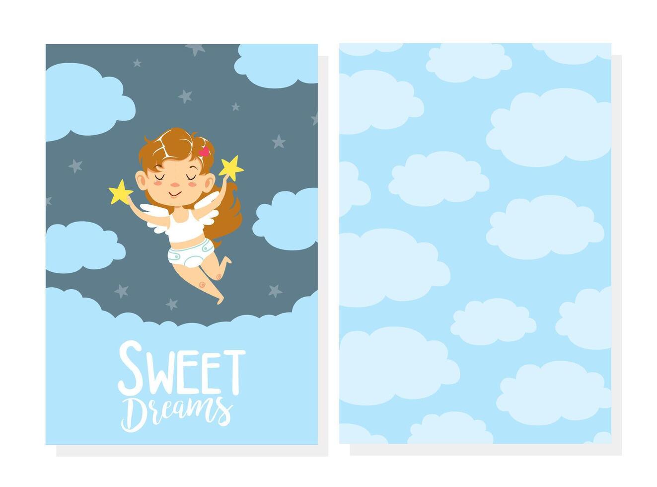 Sweet Dreams Card Template, Adorable Smiling Girl Angel Flying in Sky, Invitation, Greeting Card Cartoon Illustration vector