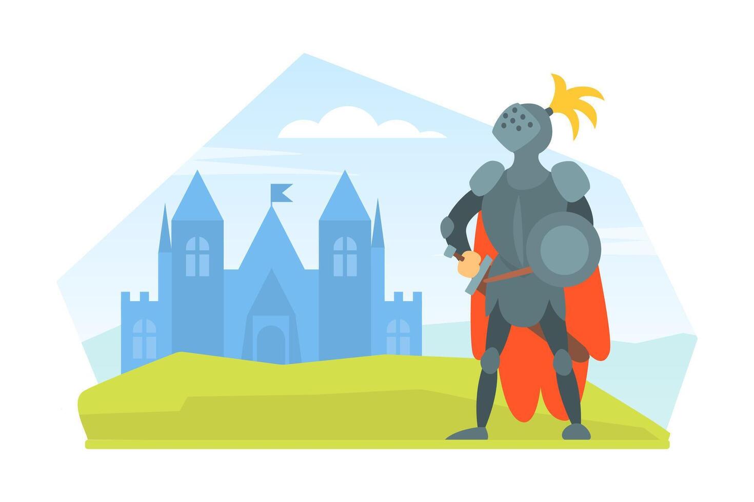 Medieval Knight Warrior in Full Armour Standing on Nature Landscape with Castle Cartoon Illustration vector
