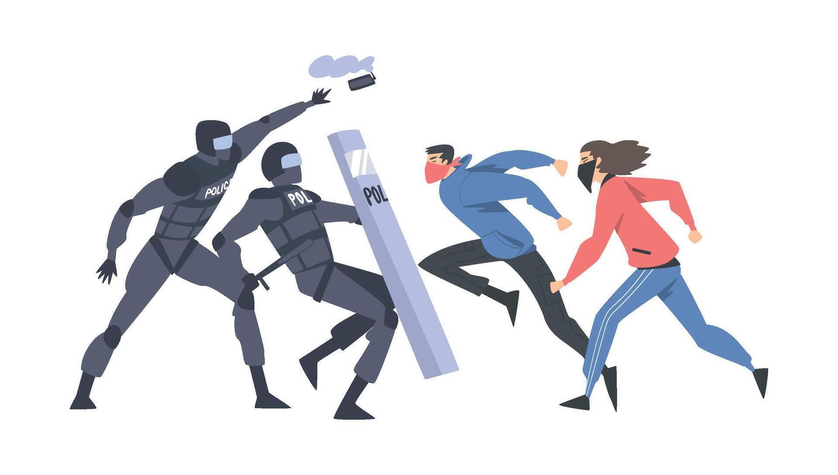 Aggressive Man Rioters Fighting with Armed Police Officers Illustration vector
