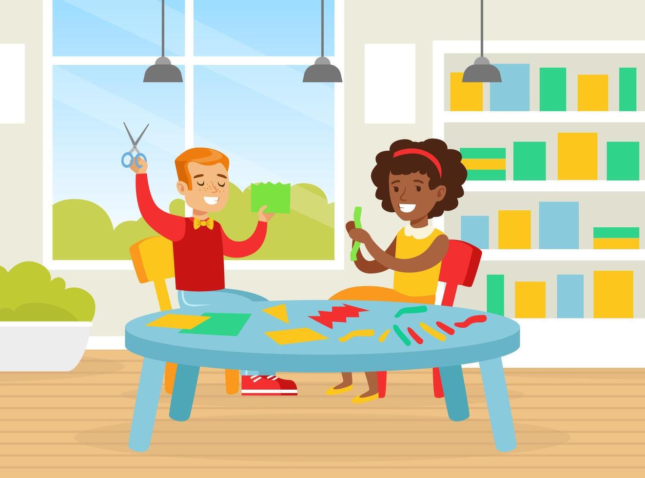 Cute Creative Kids Sitting at Table Cutting Color Paper with Scissors, Smiling Boy and Girl Crafting Together in Kindergarten Cartoon Illustration vector
