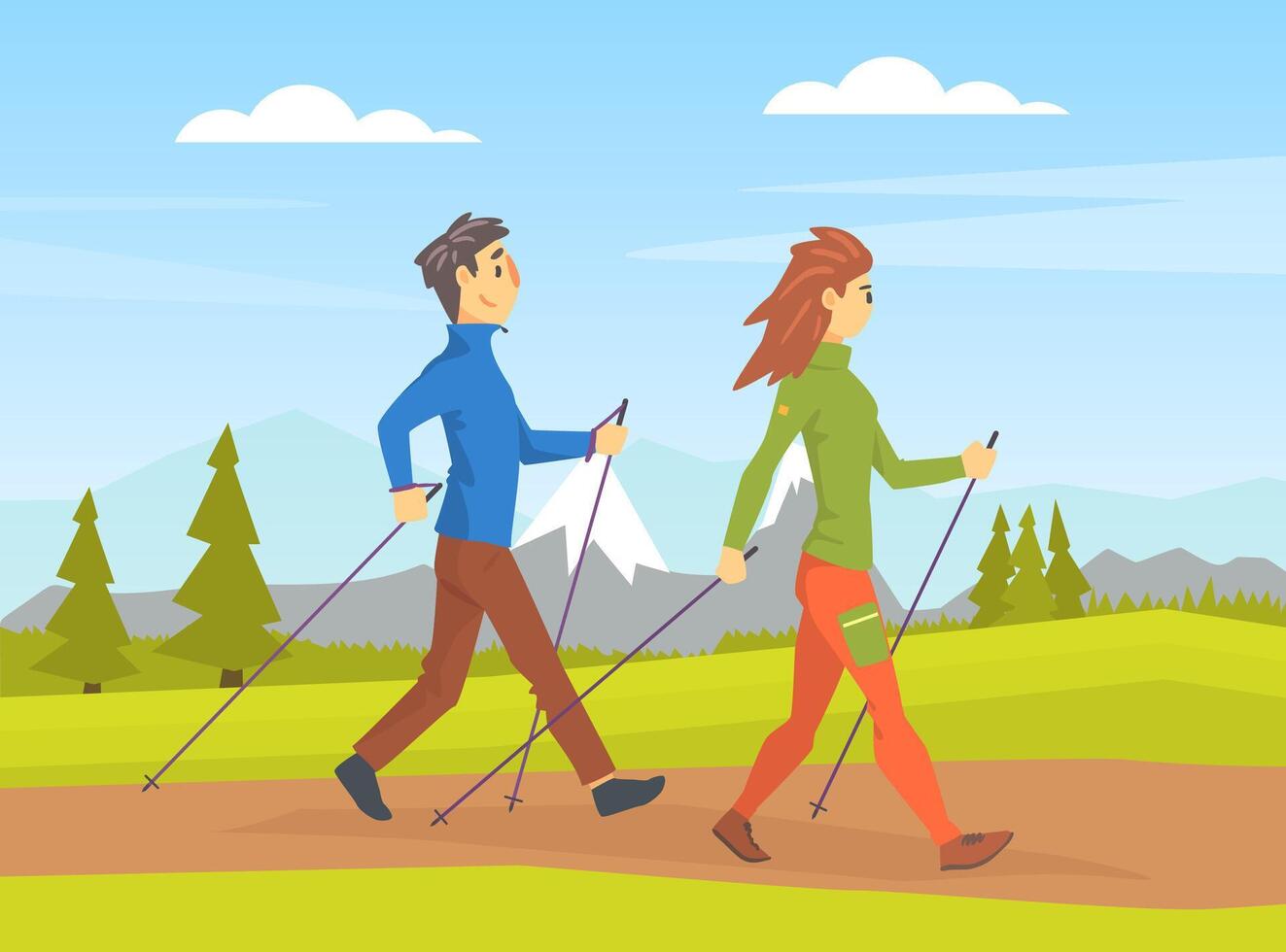 Young Couple Performing Nordic Walking in Park, People in Sports Outfit Enjoying Walking in Open Air Cartoon Illustration vector