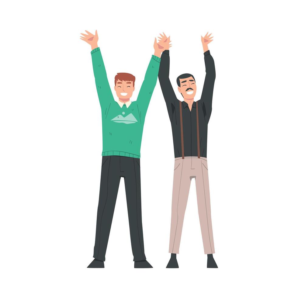 Happy Men Standing Together with Raising Hands Celebrating Success Illustration vector