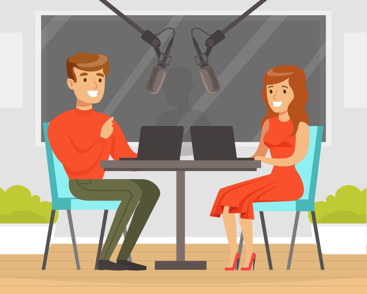 Man and Woman on the Radio Podcast with Microphone Talking Live in Studio Illustration vector