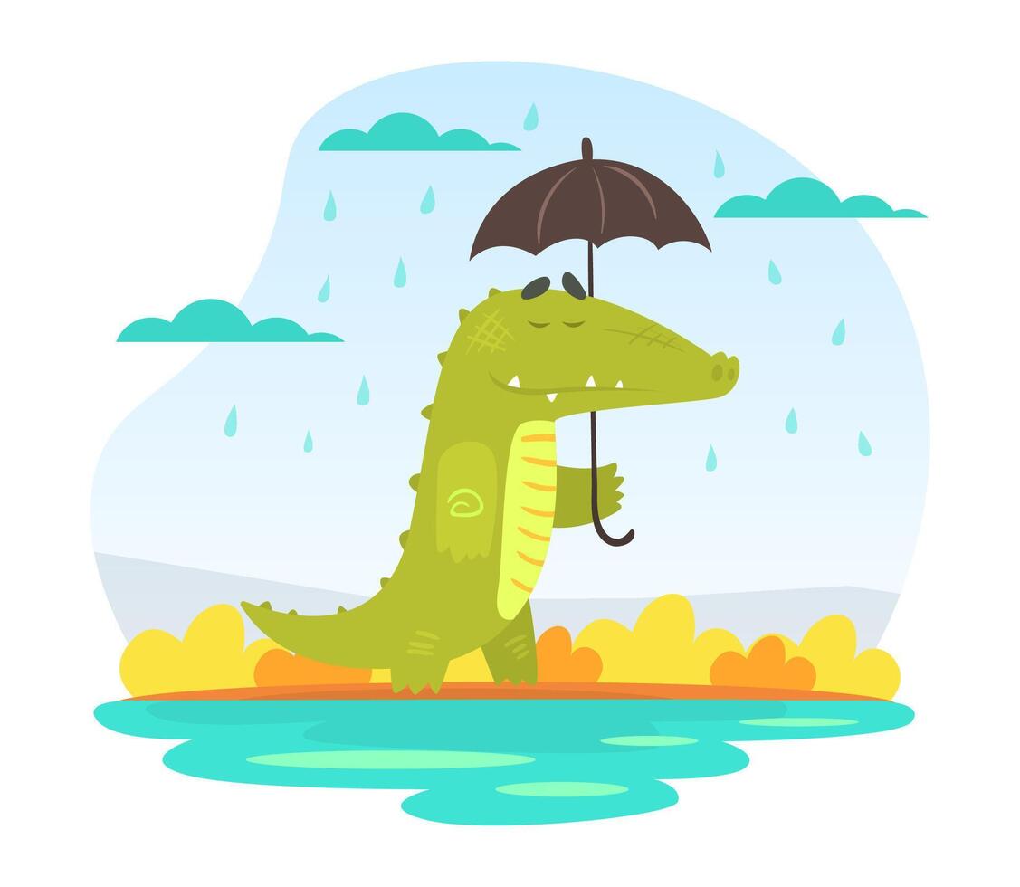 Cute Crocodile Character Walking under Umbrella Cartoon Illustration vector