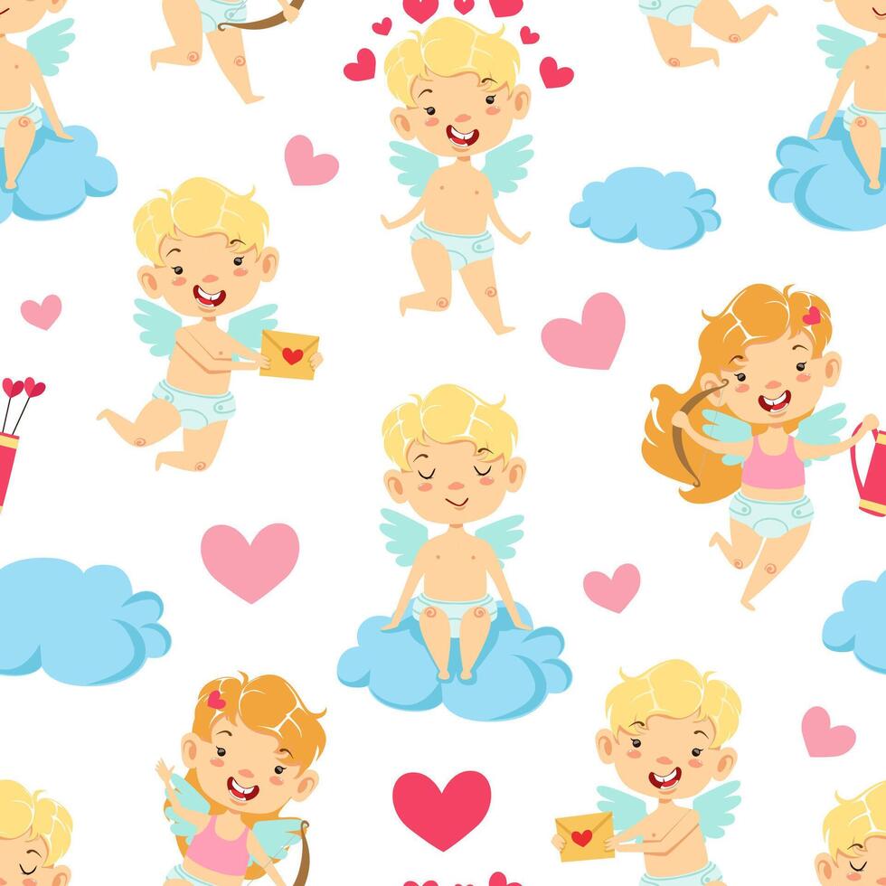 Cute Baby Angel on Cloud Seamless Pattern, Adorable Cupid Cherub Character Textile, Wallpaper, Wrapping Paper, Background Design Illustration vector