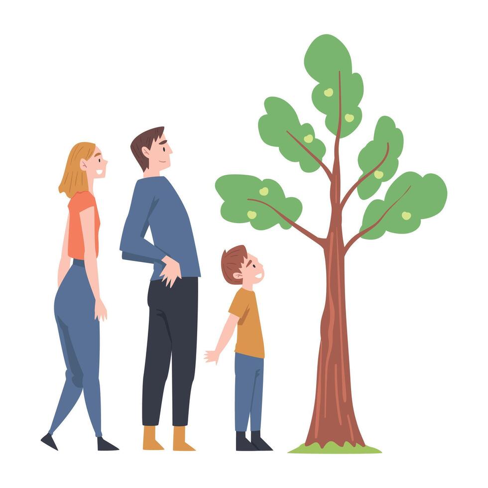 Young Man and Woman with Their Kid Watching Growing Tree Illustration vector