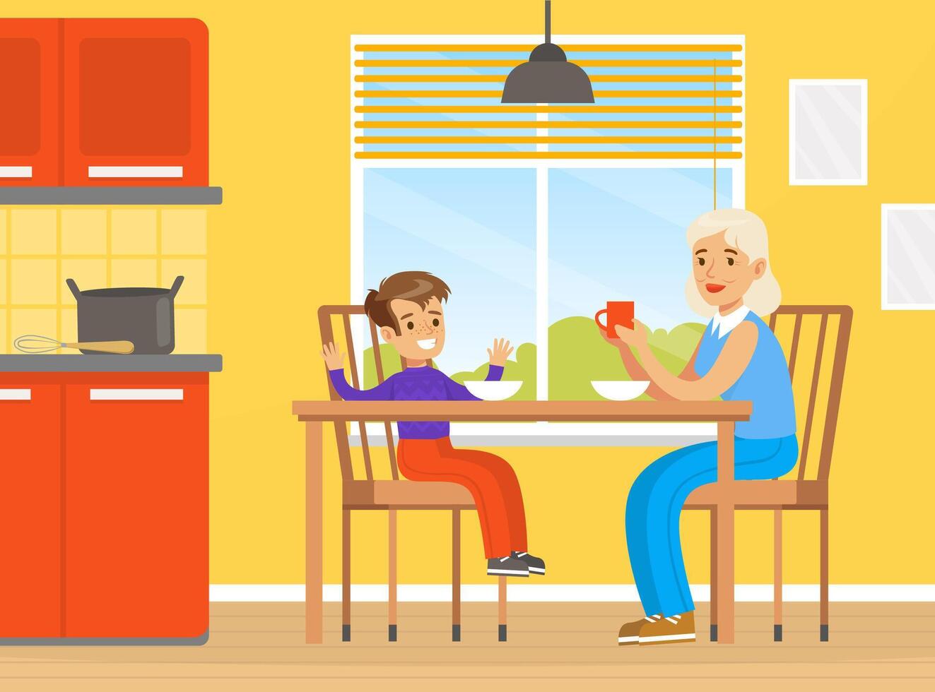 Grandmother and Grandson Eating, Drinking Tea and Talking to Each Other, Family Sitting at Dining Table Illustration vector