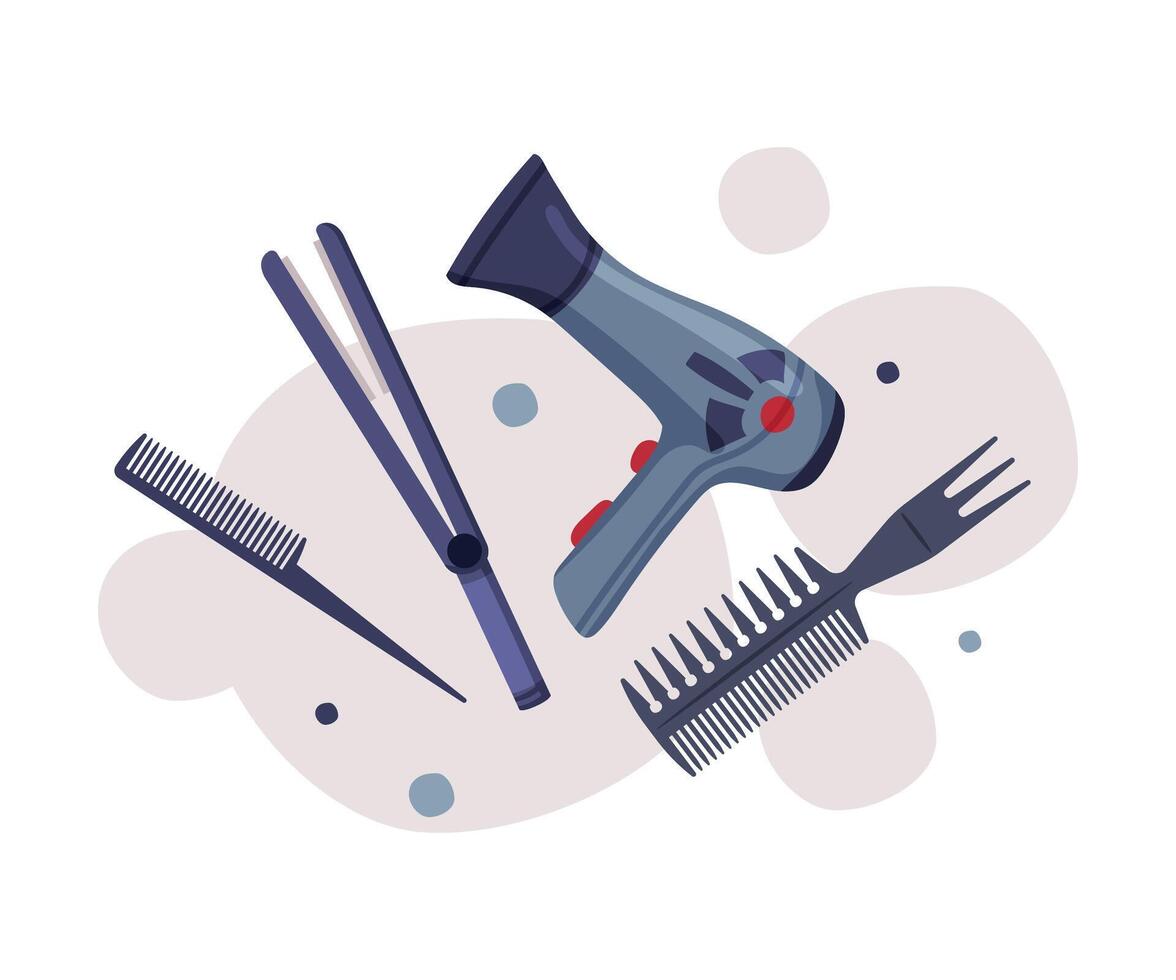 Hairdresser Tools Set, Barber Supplies for Styling Professional Haircut, Hair Dryer, Comb, Curling Iron Cartoon Illustration vector