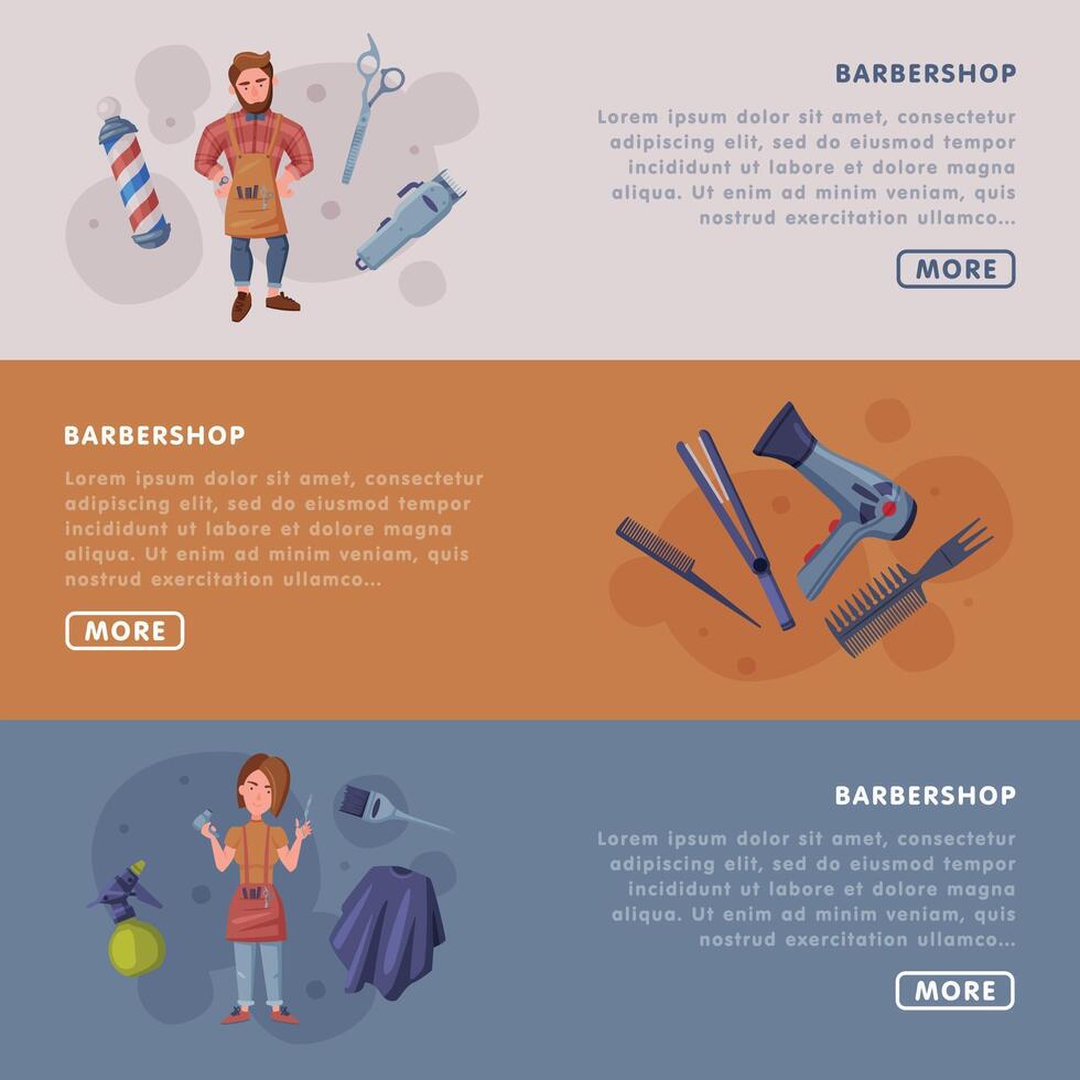 Barbershop Landing Page Templates Set, Hairdressing Salon, Hair Studio Service Website Interface Cartoon Illustration vector