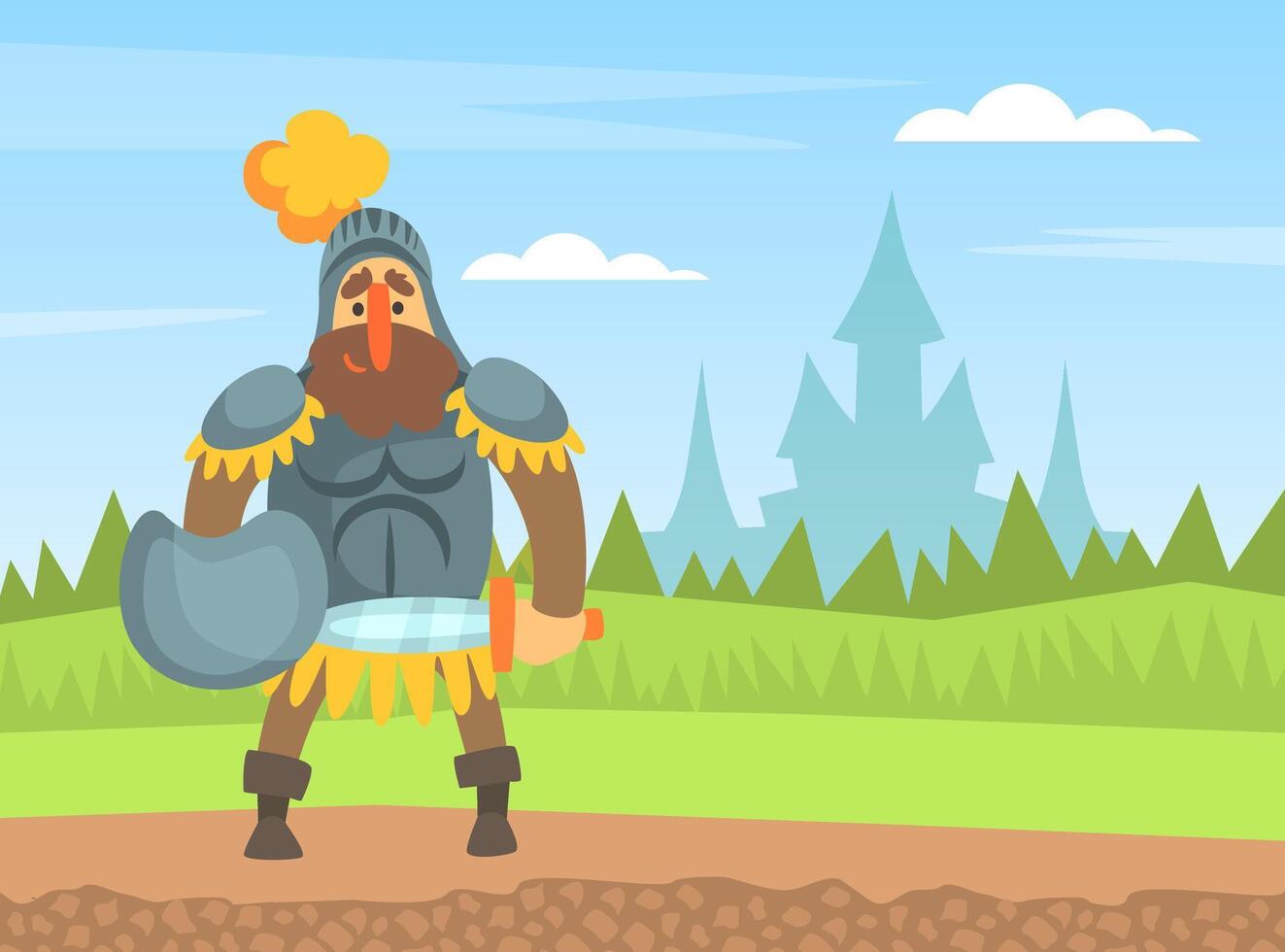Medieval Knight Warrior in Armour Standing on Nature Landscape with Sword and Shield Cartoon Illustration vector