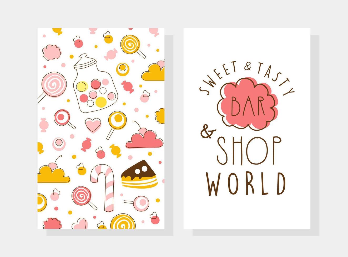 Sweet and Tasty Bar and Shop Card Template with Sweet Desserts Seamless Pattern, Candy Shop, Cafe, Confectionery Design Cartoon Illustration vector