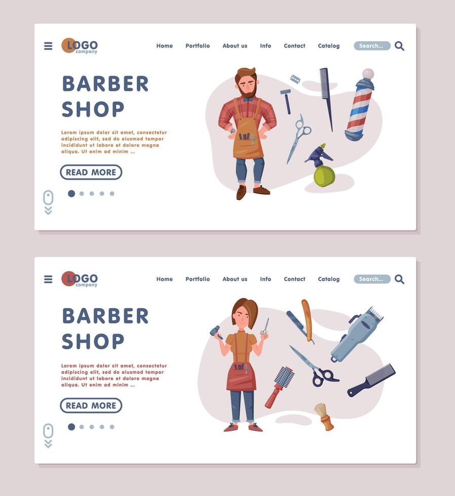 Barber Shop Landing Page Templates Set, Professional Hairdressers with Tools, Hairdressing Salon, Hair Studio Service Website Interface Illustration vector